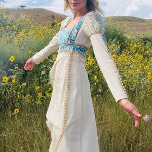 Gunne Sax Cream and Blue Maxi Dress with Lace